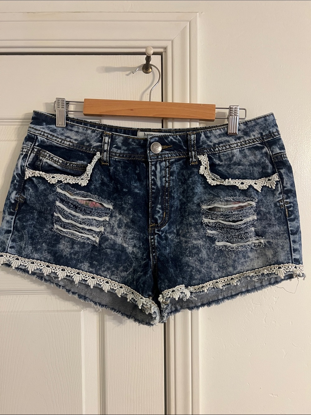 Lace-Trim Distressed Acid Wash Denim Shorts - Blue